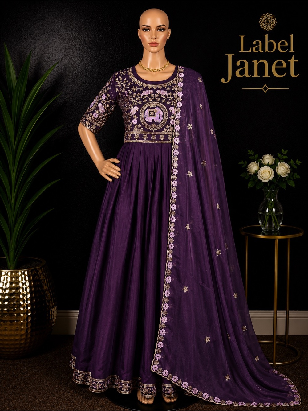 Embroidered Purple Anarkali Dress with Gold Accents (M upto L) Brand New